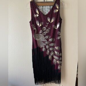 Elegant Burgundy Peacock Dress